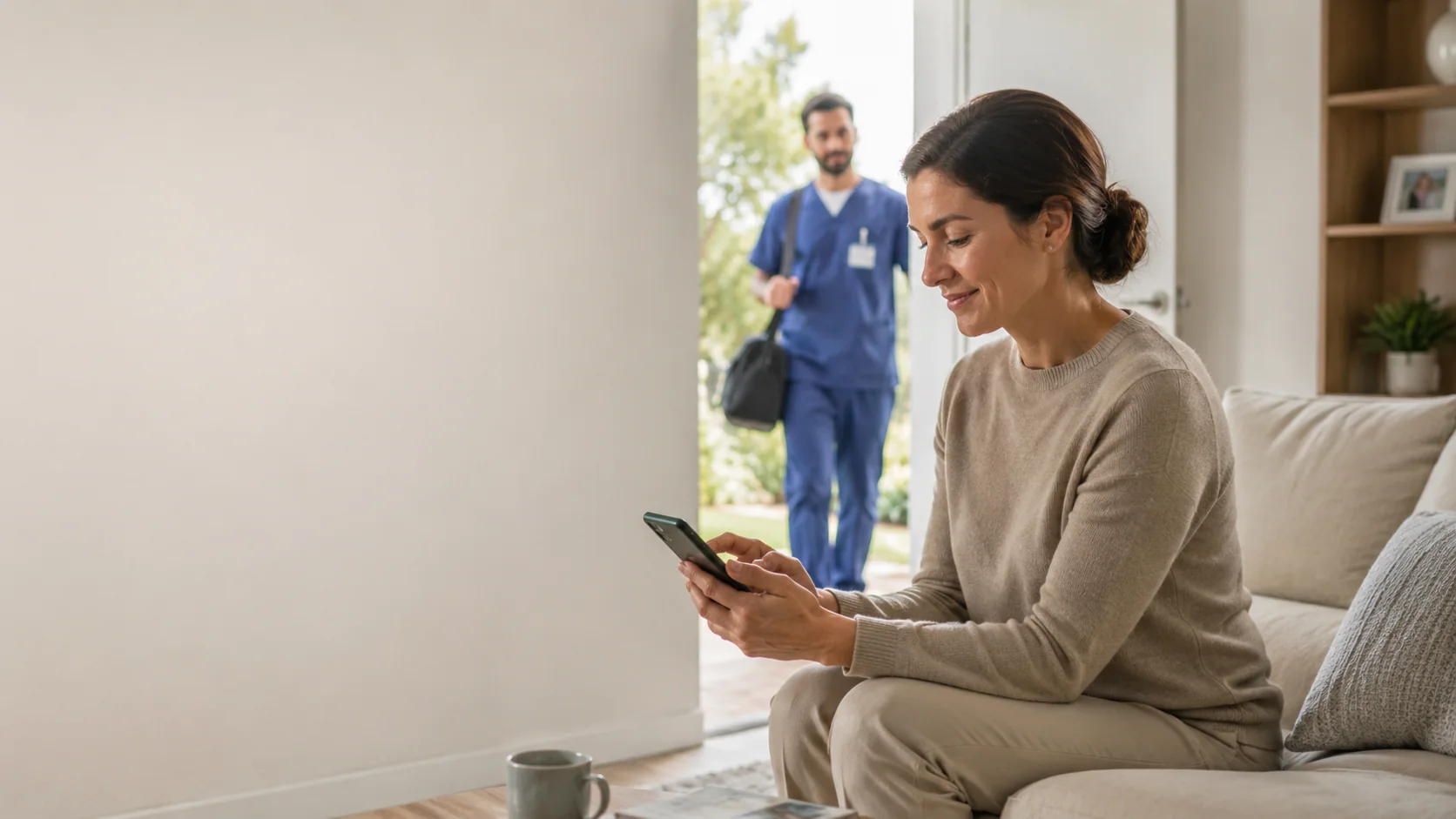 Persona coordinando atención médica domiciliaria por teléfono
