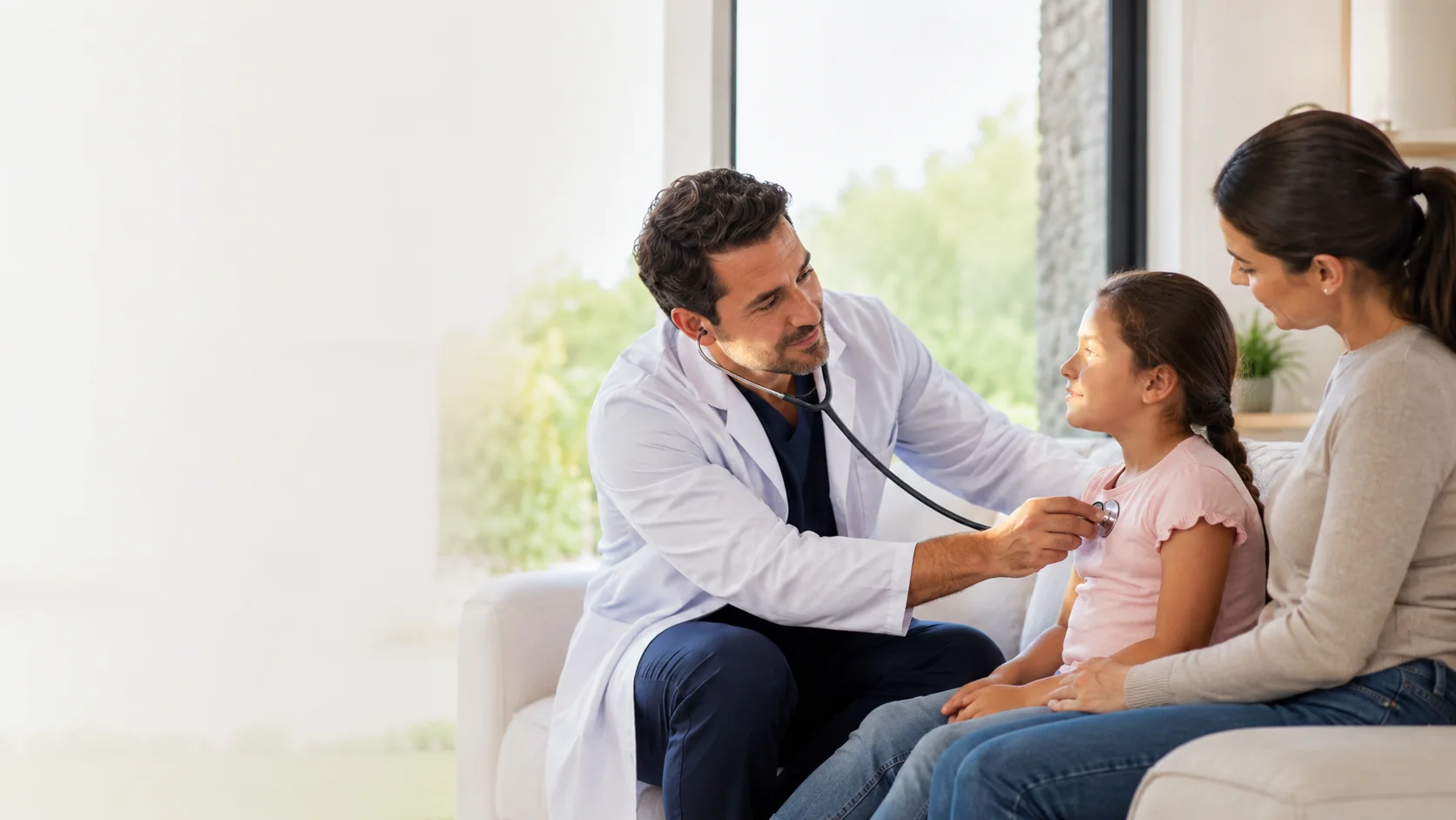 Médico realizando atención infantil a domicilio